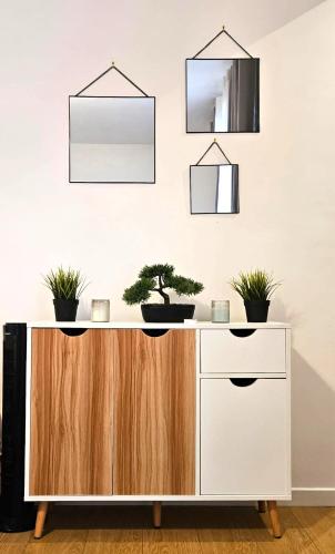 une armoire blanche en bois avec des plantes en pot dans l'établissement Appartement Paris Mangin, à Asnières-sur-Seine