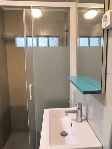 une salle de bain avec un lavabo et un miroir dans l'établissement Charmant Studio à 30min des Plages, à Murviel