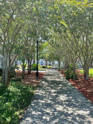a path in a park with trees and a light pole at 306 Adm Wlk in Saint Marys