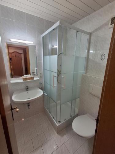 a bathroom with a shower and a toilet and a sink at Pension Razil in Ladis