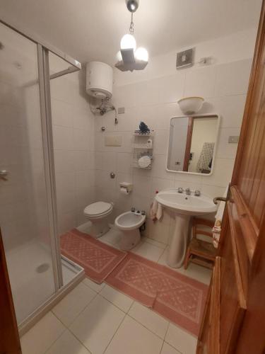 a bathroom with a toilet and a sink and a shower at Villalba in Cala Liberotto
