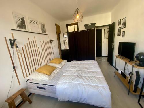 Cette chambre comprend un grand lit et une télévision. dans l'établissement Nice Ouest Caucade- Beautiful 2P, AC, Clim, à Nice