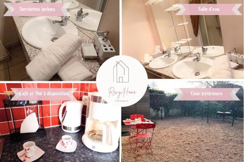 un collage de photos d'une salle de bains avec lavabo dans l'établissement Studio Revy 2 - Centre Ville, à Néris-les-Bains