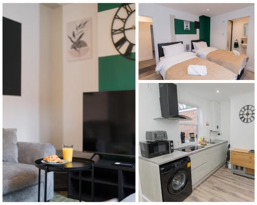 two pictures of a room with a bed and a living room at Perfect for Contractors & Families - Free Parking in Banbury