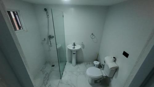 a bathroom with a shower and a toilet and a sink at Aparta Hotel Ana Julia in Sosúa