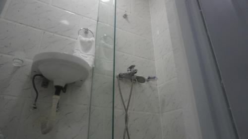 a bathroom with a sink and a shower stall at Aparta Hotel Ana Julia in Sosúa