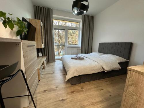 a bedroom with a bed and a window at Apartmán BB-Centrum1 in Banská Bystrica