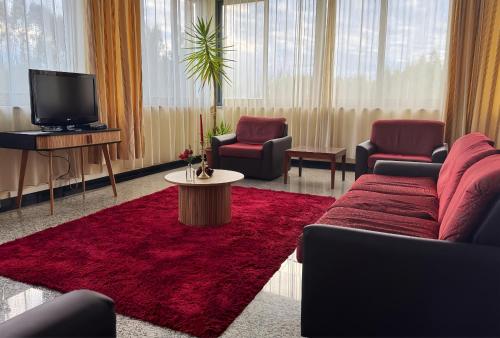 a living room with a couch and chairs and a tv at Hotel Monte Rio Aguieira in Almaça