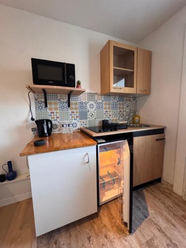 佩萨克Appartment la Petite Bleu的配有冰箱和微波炉的小厨房