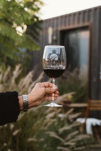 a person holding up a glass of wine at La Finca de Vane in Valle de Guadalupe
