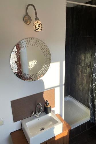 a bathroom with a sink and a mirror at Agroturystyka Dom pod Sową in Nawojów Łużycki