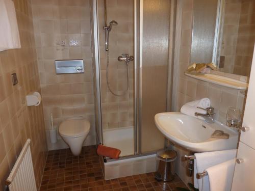 uma casa de banho com um chuveiro e um lavatório. em Haus Blatthofer em Sankt Lorenzen im Lesachtal