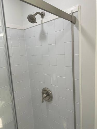a shower with a glass door with a shower head at Azalea in Charlottesville