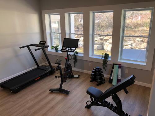 a gym with exercise equipment in a room with windows at The Dogwood in Maggie Valley