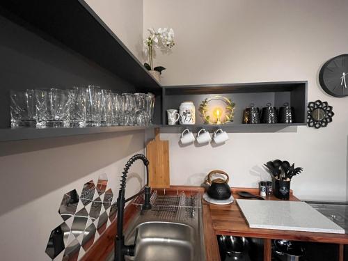 a kitchen with a sink and glasses on shelves at Squirrels Rest Self Catering in Knysna