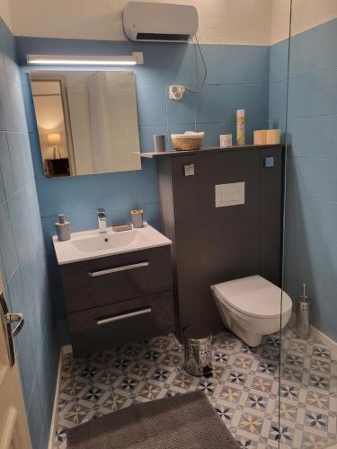 une salle de bain avec un lavabo, des toilettes et un miroir dans l'établissement Appartement Cosy centre ville, à LʼIsle-sur-la-Sorgue