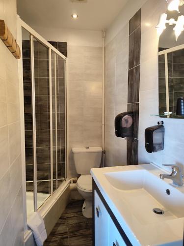 a bathroom with a white sink and a toilet at Hotel de la Place in Loyettes