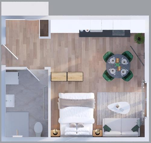an overhead view of a room with at Visionary Hospitality Embrach, Zürich - Premium Apartments with Free Parking, Washer, Kitchen, Rooftop Terrace, Lounge, Bus Stop, Train Station, 15'Airport in Embrach
