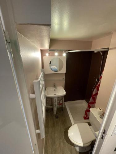 une petite salle de bain avec un lavabo et des toilettes dans l'établissement Studio sur le Port du Crouesty, à Arzon