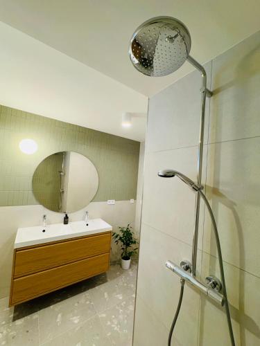 une salle de bain avec un lavabo et une douche avec un miroir dans l'établissement Apartmány Motýlí louka, à Albrechtice v Jizerských horách