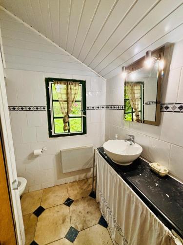 une salle de bain blanche avec un lavabo et une fenêtre dans l'établissement Domaine de Sainte-Barbe - Le Petit Gite, à Nevoy