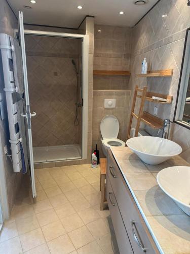 une salle de bain avec toilettes, deux lavabos et une douche dans l'établissement arc en ciel, à Bagnères-de-Bigorre