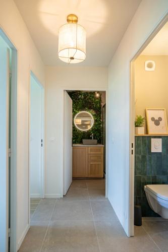 une salle de bain avec un lavabo et des toilettes dans l'établissement Magic Garden 6 personnes parking privé à 20m du RER, à Serris