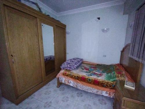 a small bedroom with a bed and a cabinet at جبل تقوق فيلا عبدالله محروس in Nag` el-Ramla