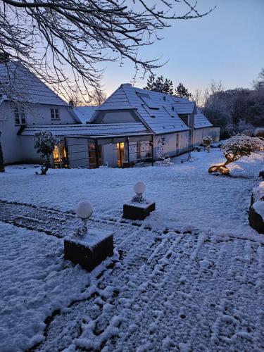 a yard covered in snow with a house at Candy Home in Egtved