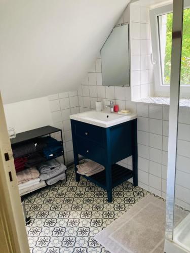 une salle de bain avec un lavabo et un miroir dans l'établissement Le gite d Henri, à La Flèche