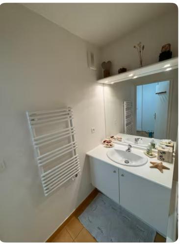 une salle de bain blanche avec un lavabo et un miroir dans l'établissement Appartement de vacance, à Montévrain