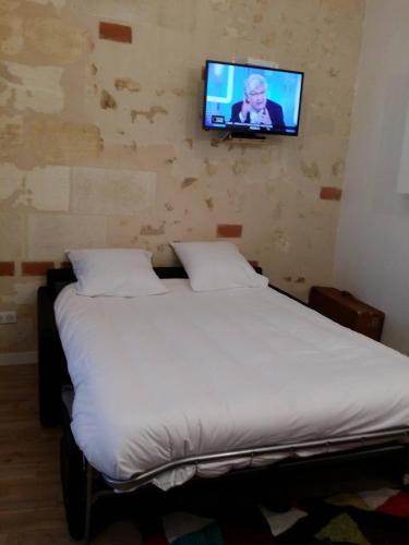 um quarto com uma cama e uma televisão na parede em beau studio centre ville em Bordeaux