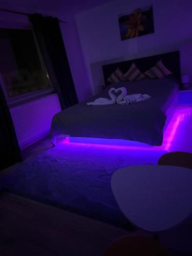 a bedroom with a bed with purple lights on it at Leo Home in Tîrgu Ocna