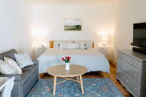 a bedroom with a bed and a couch and a table at The Cozy Cottage in Moscow
