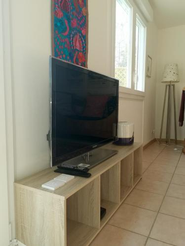a television on a wooden stand in a room at Appartement-maison avec jardin in Uffheim
