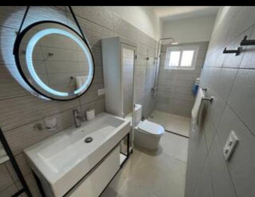 a bathroom with a sink and a mirror and a toilet at Flamingo Villa in Boca Paraiso in Boca Chica