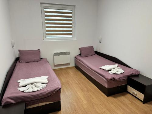 a room with two beds and a window at White Wood Lodge in Bansko