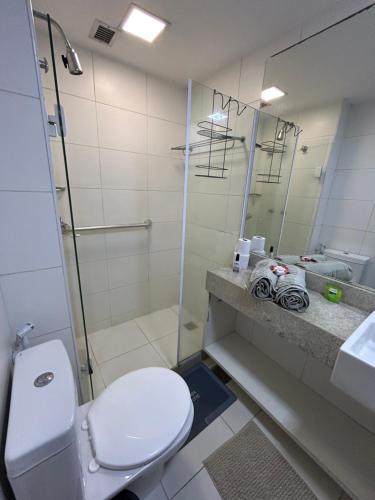 a bathroom with a toilet and a shower and a sink at Suite Incrível Sonhos e Praia in Rio de Janeiro