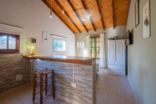 eine Küche mit einer Theke und einer Holzdecke in der Unterkunft Grace in Villa General Belgrano