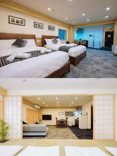 a hotel room with two beds and a living room at ASOBO OSAKA Nipponbashi Apartment in Osaka