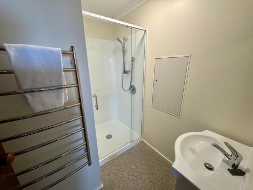 een badkamer met douche en wastafel bij 66 Conical Hill Road in Hanmer Springs