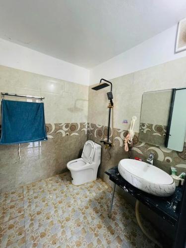 a bathroom with a toilet and a tub and a sink at Xa Ly Villa Mộc Châu in Mộc Châu