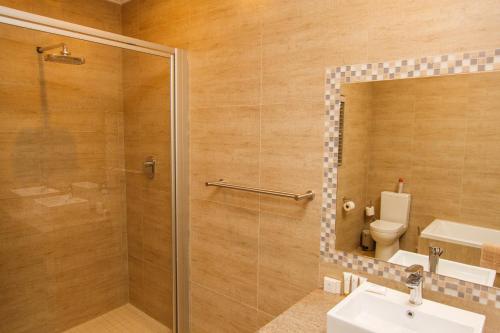 a bathroom with a shower and a sink and a toilet at Blyde Canyon, A Forever Resort in Matibidi
