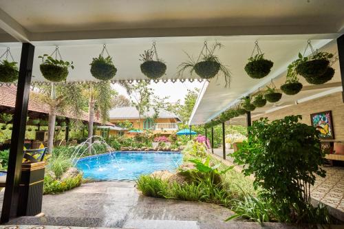 a swimming pool in a yard with potted plants at Mayfair Manor Alibag in Alibaug