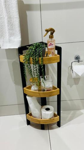 a bathroom shelf with a plant and toilet paper at C&J Luxe Apartments in Windhoek