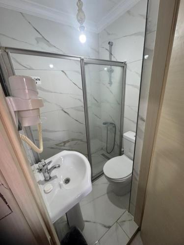 a bathroom with a shower and a sink and a toilet at Pembe Köşk Old City Center in Istanbul