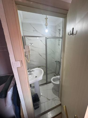 a bathroom with a shower and a sink and a toilet at Pembe Köşk Old City Center in Istanbul