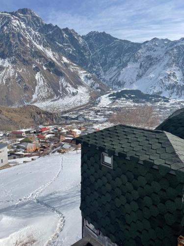 a roof of a building with snowy mountains in the background at Glamping EmeralD in Stepantsminda