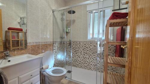 a bathroom with a shower and a toilet and a sink at Casa Cocon in Águilas