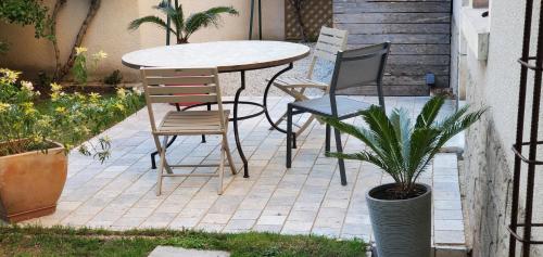 une terrasse avec une table, des chaises et une plante en pot dans l'établissement Chambre aux portes de Chambord, à Huisseau-sur-Cosson